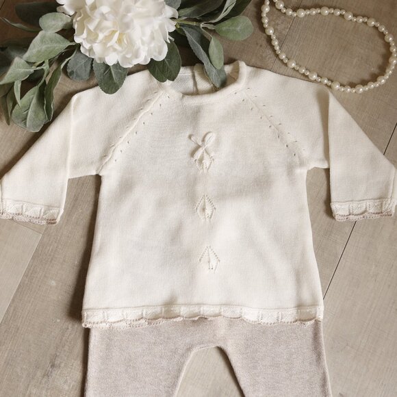 Cotton Sweater Knit Scalloped Pant Set Ivory/Creme Khaki/Tan Argyle Boutique NWT - Picture 1 of 5